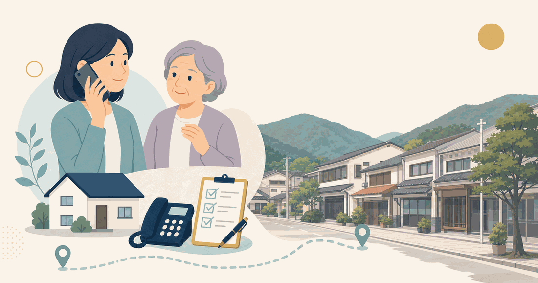 離れて暮らす娘と親、電話、確認表、可部の白壁の町並みと背後の山を描いた広島市安佐北区版の案内イラスト