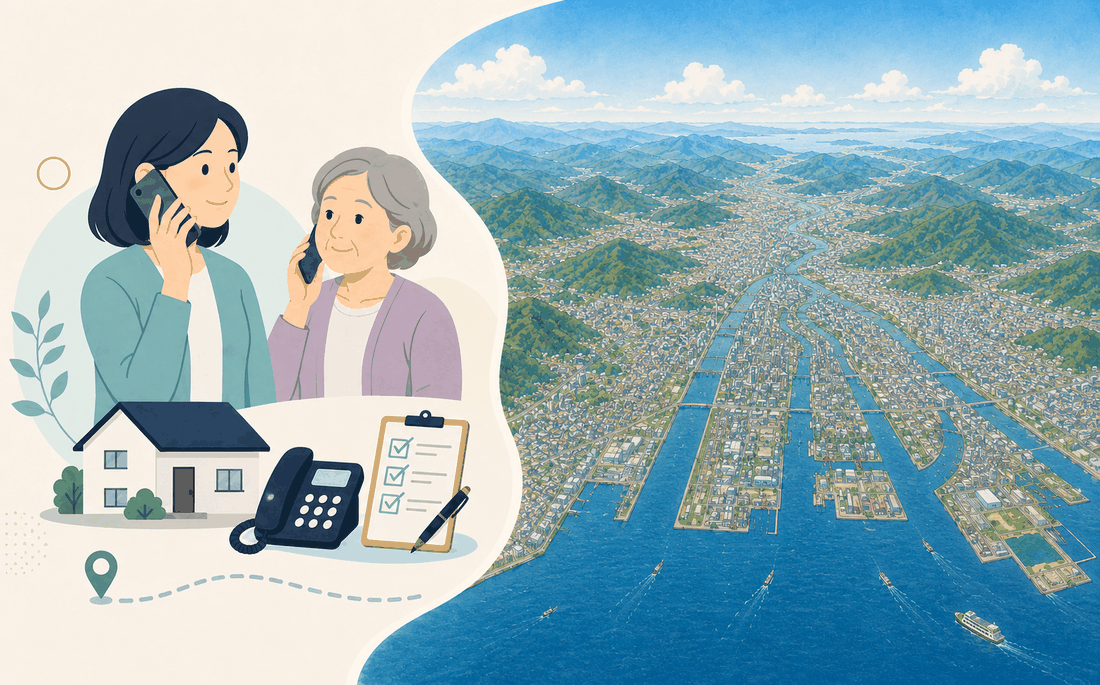 離れて暮らす娘と親、電話、確認表、太田川のデルタに広がる広島市街と瀬戸内海を描いた案内イラスト