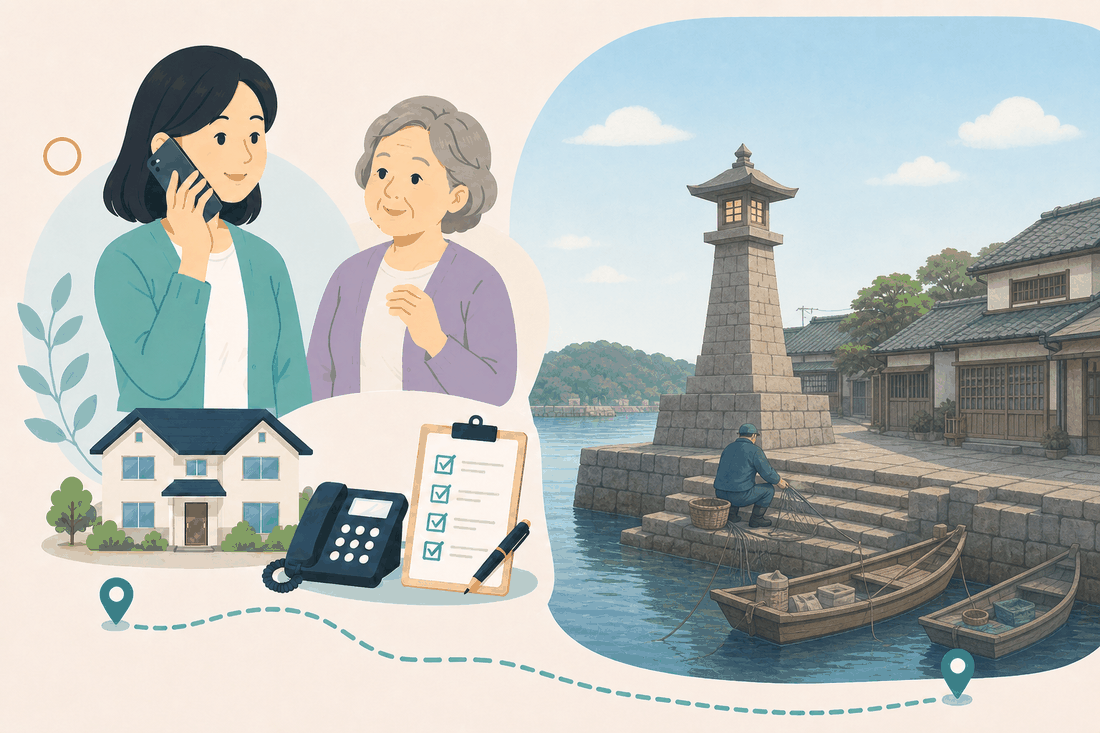 離れて暮らす娘と親、電話、確認表、鞆の風景を描いた福山市鞆版の案内イラスト