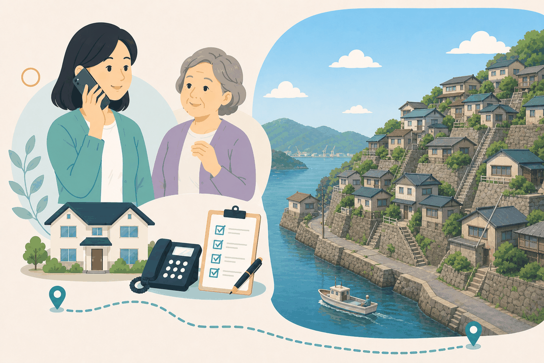 離れて暮らす娘と親、電話、確認表、宮原・警固屋の風景を描いた呉市宮原・警固屋版の案内イラスト