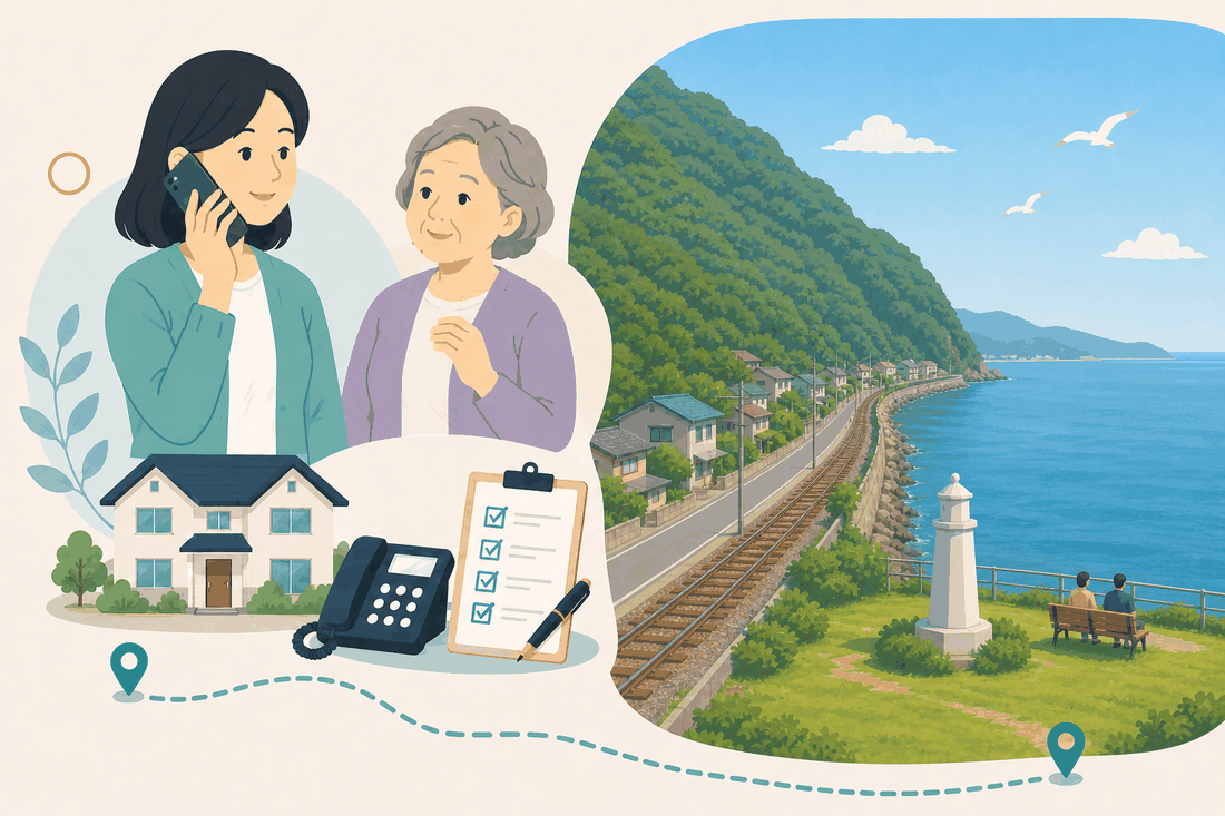 離れて暮らす娘と親、電話、確認表、天応・吉浦の風景を描いた呉市天応・吉浦版の案内イラスト