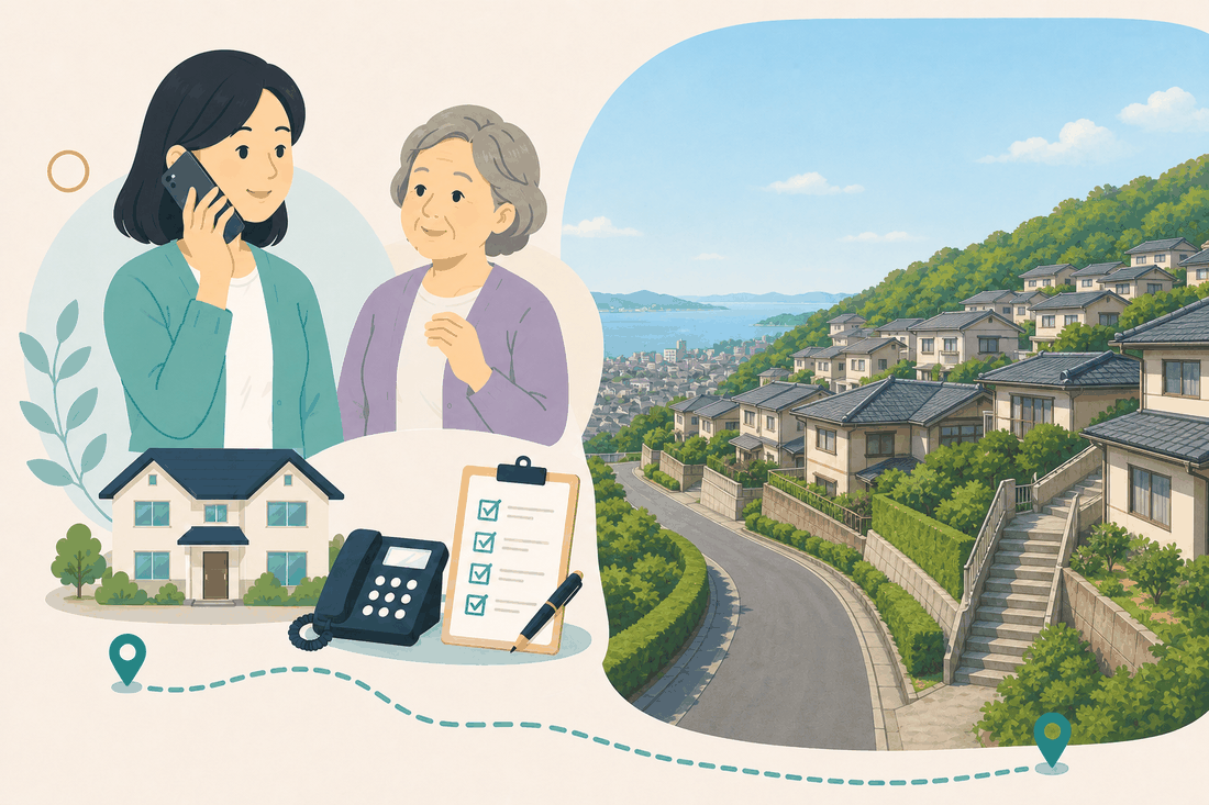 離れて暮らす娘と親、電話、確認表、焼山の風景を描いた呉市焼山版の案内イラスト