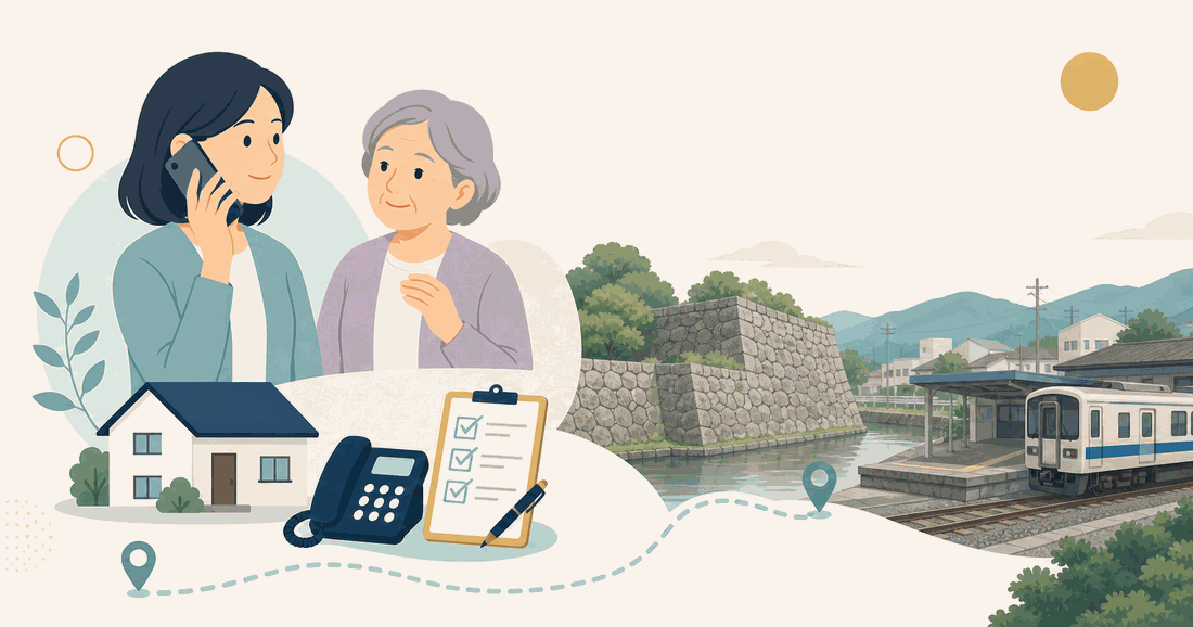 離れて暮らす娘と親、電話、確認表、三原の港と浮城を描いた三原市版の案内イラスト