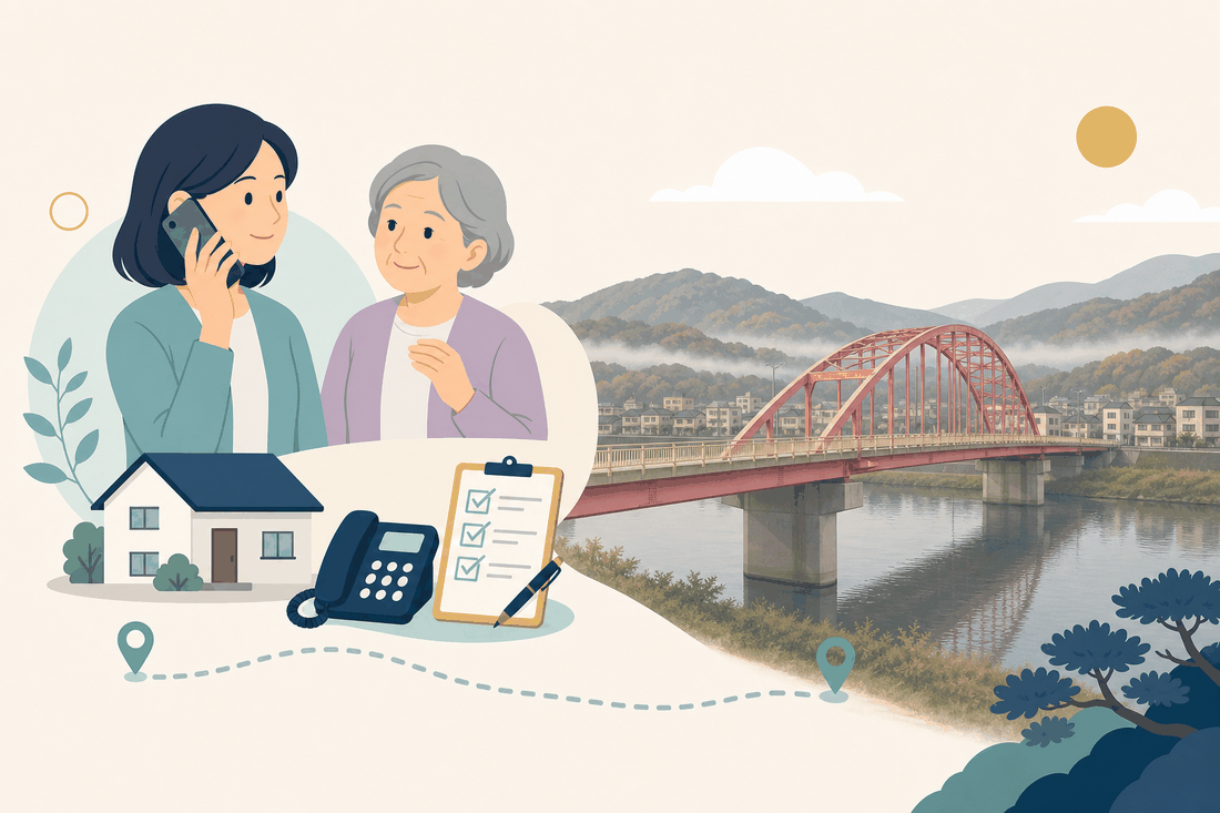 離れて暮らす娘が電話をかけ、そばに親がいる。手前に家、固定電話、確認表。奥に、馬洗川に架かる巴橋。赤いアーチが1つ大きく立ち上がり、欄干はクリーム色。川ぞいに三次の町並みが広がり、その後ろに霧のかかった丸い山なみ