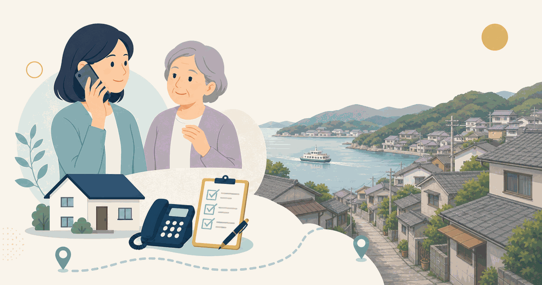 離れて暮らす娘と親、電話、確認表、尾道の坂道と渡船を描いた尾道市版の案内イラスト