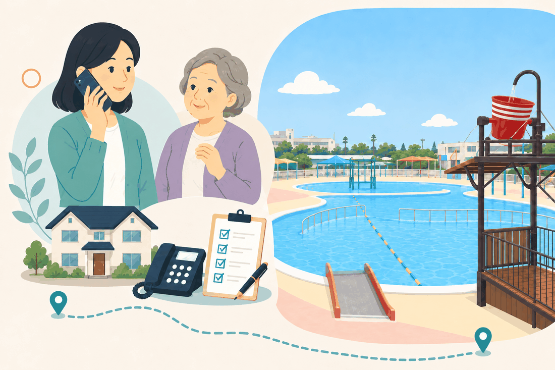 電話で相談する女性と親、住まい・固定電話・確認表と、青空の下の広いプールと、赤いバケツから水が落ちる遊具を描いた案内イラスト