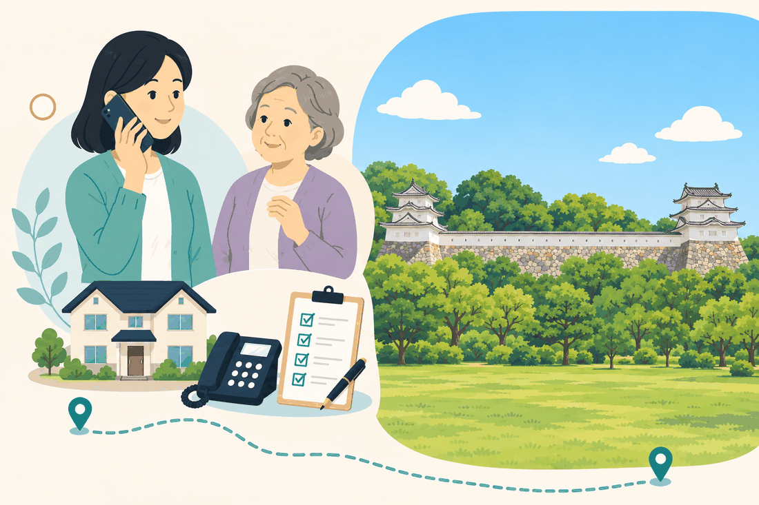 電話で相談する女性と親、住まい・固定電話・確認表と、石積みの上に櫓が並ぶ城と手前の広い芝生を描いた案内イラスト