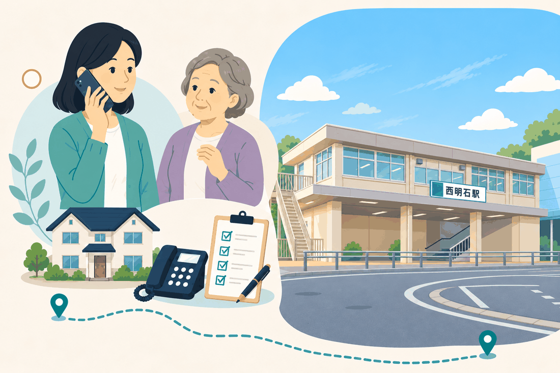 電話で相談する女性と親、住まい・固定電話・確認表と、「西明石駅」の駅名標がある二階建ての駅舎とロータリーを描いた案内イラスト