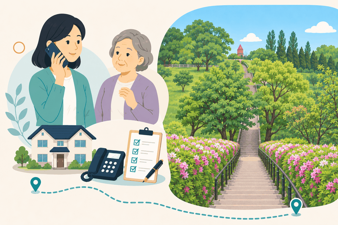 電話で相談する女性と親、住まい・固定電話・確認表と、ツツジの花に挟まれた長い石段と、緑の丘の上に見える赤い屋根の塔を描いた案内イラスト