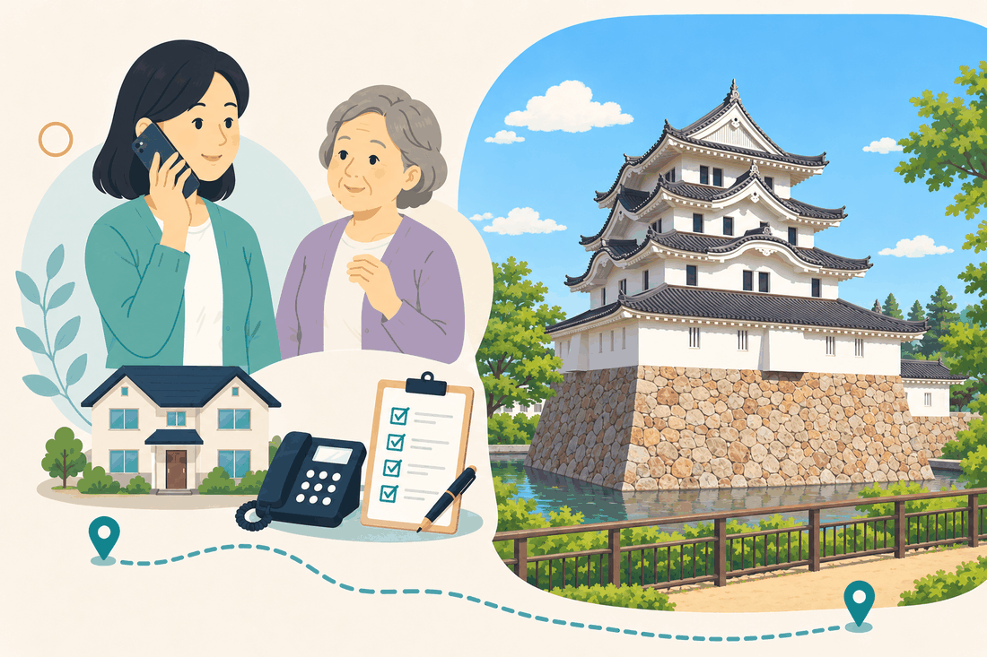 電話で相談する女性と親、住まい・固定電話・確認表と、水堀に面した、石を積んだ土台の上に建つ白壁の天守を描いた案内イラスト