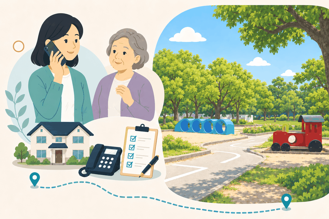 電話で相談する女性と親、住まい・固定電話・確認表と、青いトンネル遊具と赤い汽車の遊具がある、木立の公園の道を描いた案内イラスト