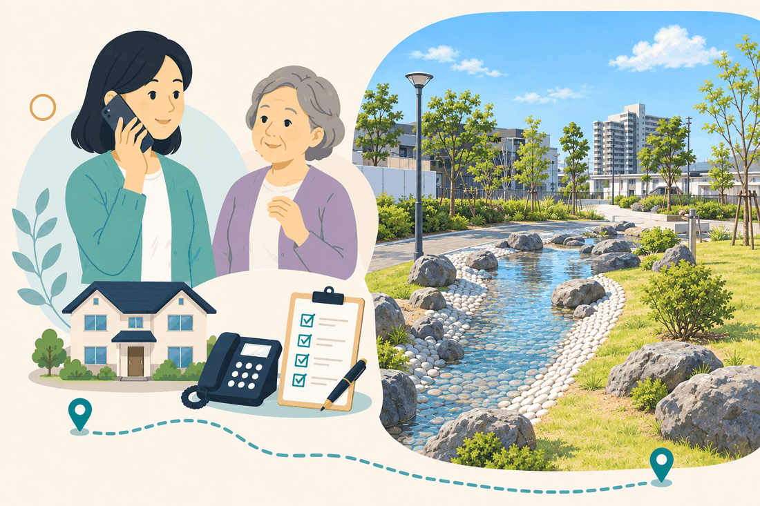 電話で相談する女性と親、住まい・固定電話・確認表と、白い玉石を敷いた小川が流れる公園と、背後の高層住宅を描いた案内イラスト