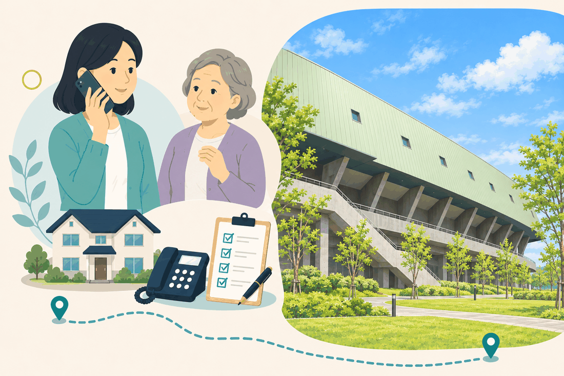電話で相談する女性と親、住まい・固定電話・確認表と、緑の外壁の大きな競技場の建物と、芝生と若木を描いた案内イラスト