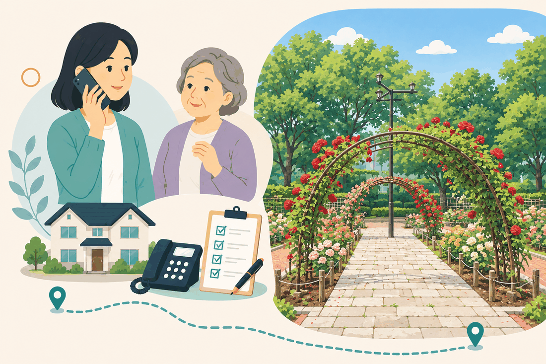 電話で相談する女性と親、住まい・固定電話・確認表と、赤いバラのアーチが続く石畳の庭園を描いた案内イラスト