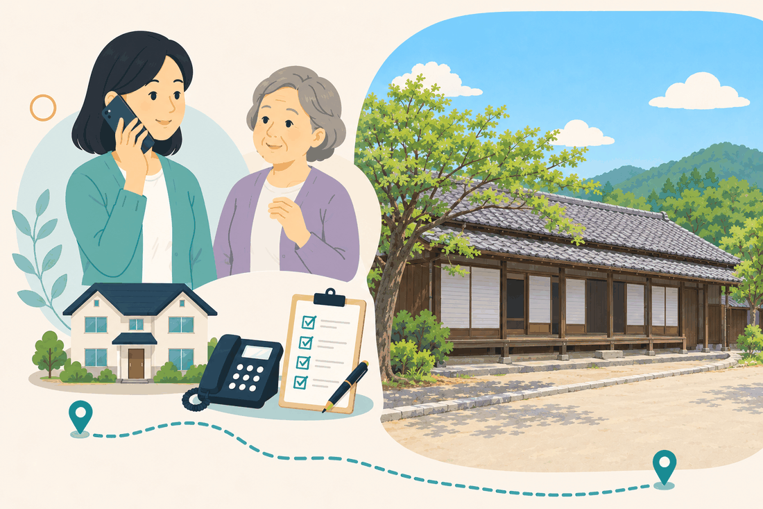 電話で相談する女性と親、住まい・固定電話・確認表と、大きな木の下に建つ、瓦屋根と木の縁側の古い平屋の建物と、砂利の広場、山並みを描いた案内イラスト