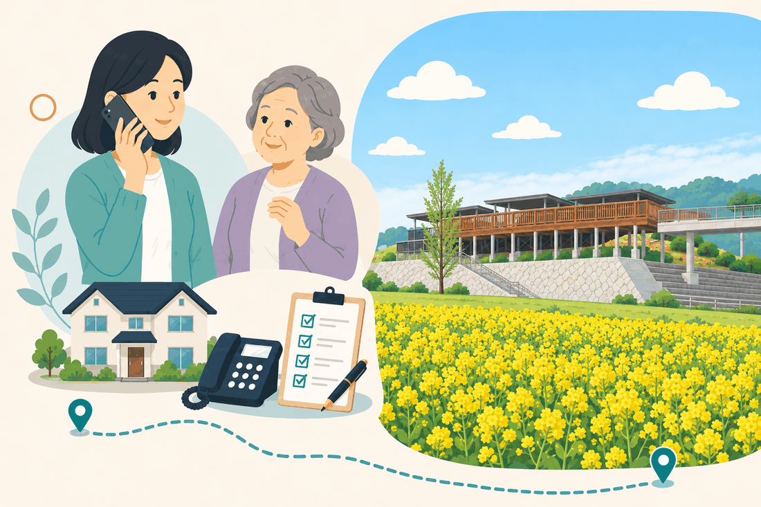 スマートフォンで電話をかける女性と、そばで耳を傾ける高齢の母親、手前に実家と固定電話と確認表を描き、右に菜の花畑と木の建物がある淡路の景色を添えた案内イラスト