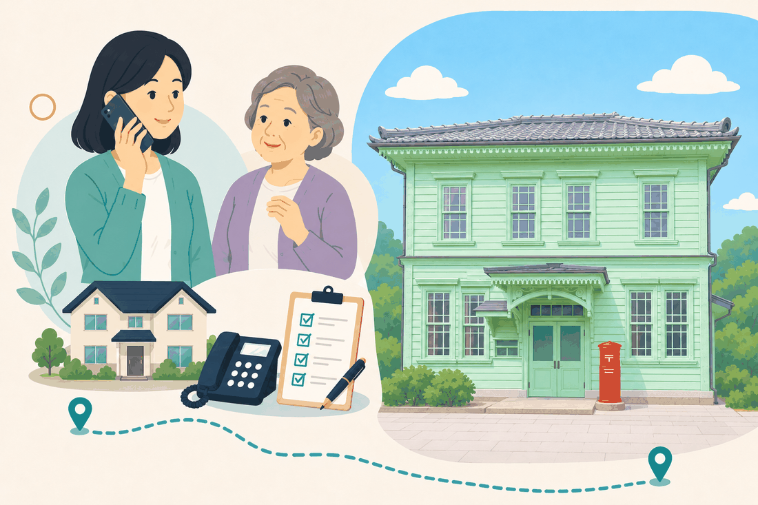 電話で相談する女性と親、住まい・固定電話・確認表と、淡い緑色の板張りの二階建ての古い洋館と、手前に立つ赤い郵便ポストを描いた案内イラスト