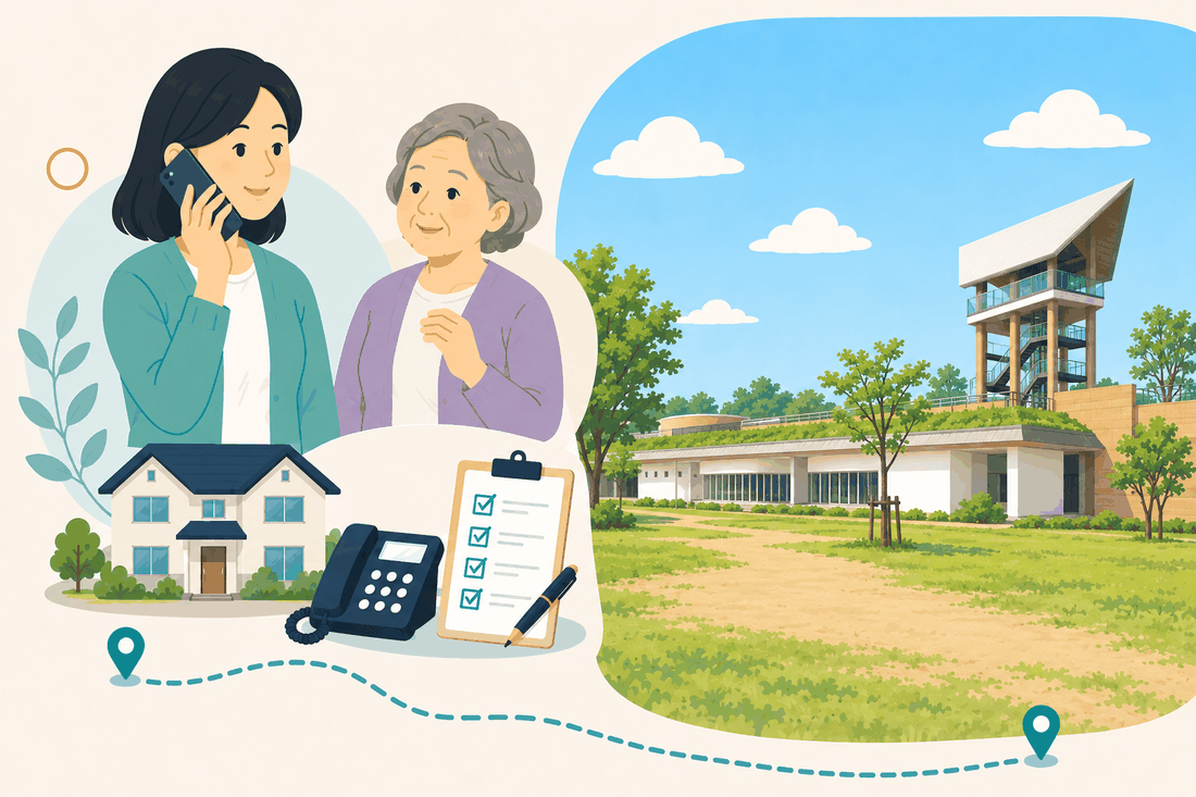 電話で相談する女性と親、住まい・固定電話・確認表と、芝生の広場の向こうに、展望塔のついた低い建物と緑の屋根を描いた案内イラスト