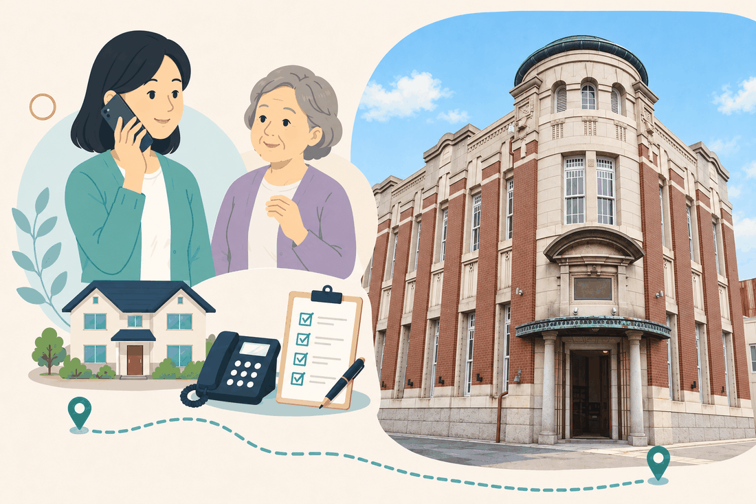 電話で相談する女性と親、住まい・固定電話・確認表と、赤れんがと石で造られた古い洋風の建物を描いた案内イラスト