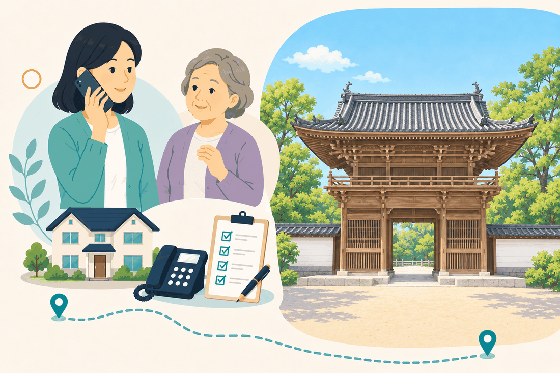 電話で相談する女性と親、住まい・固定電話・確認表と、青空の下に建つ瓦屋根の木造の門と白い塀を描いた案内イラスト