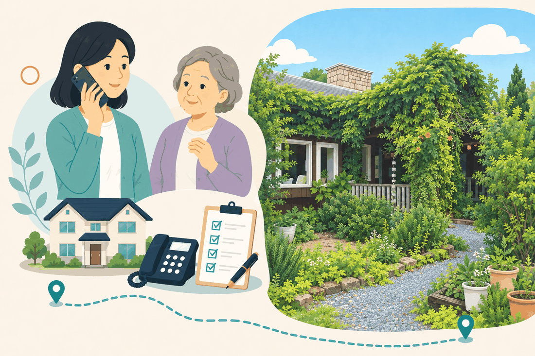 電話で相談する女性と親、住まい・固定電話・確認表と、つた植物と草木に覆われた古い家屋と庭の小道を描いた案内イラスト