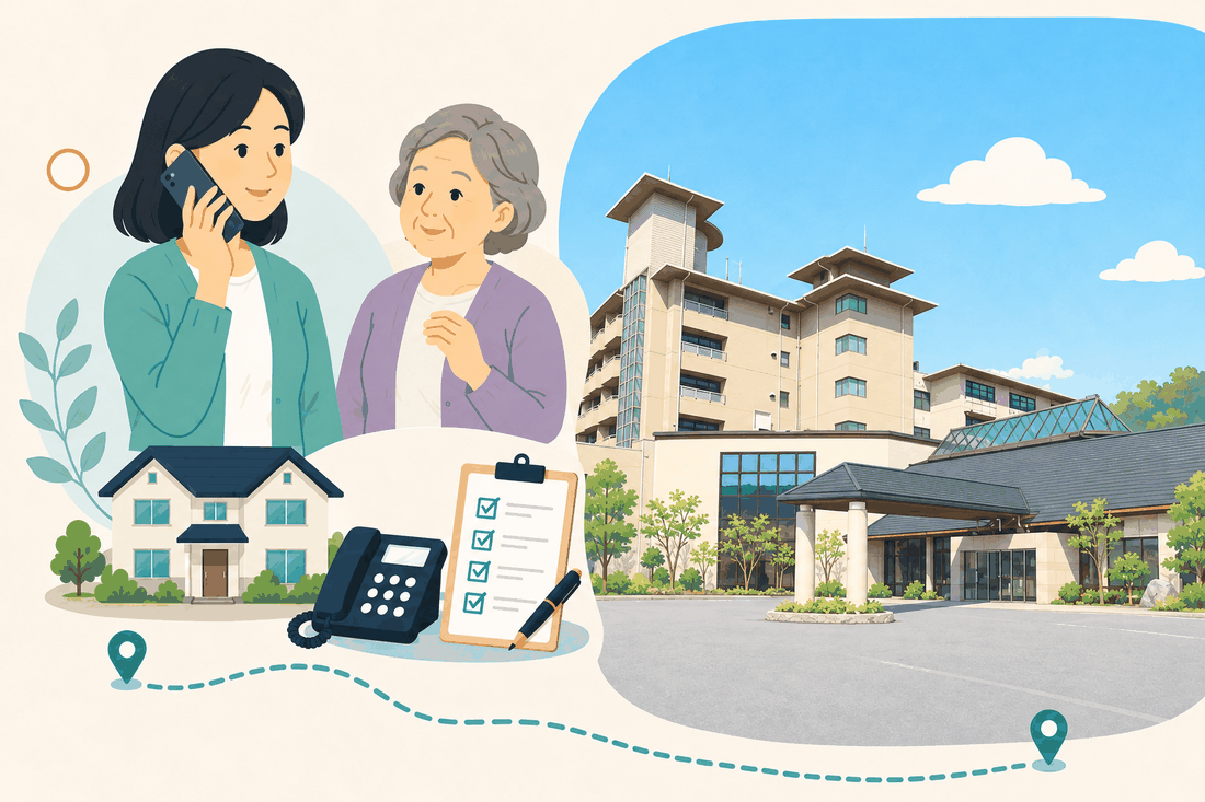 電話で相談する女性と親、住まい・固定電話・確認表と、青空の下に建つ大きな宿泊施設風の建物と広い駐車場を描いた案内イラスト