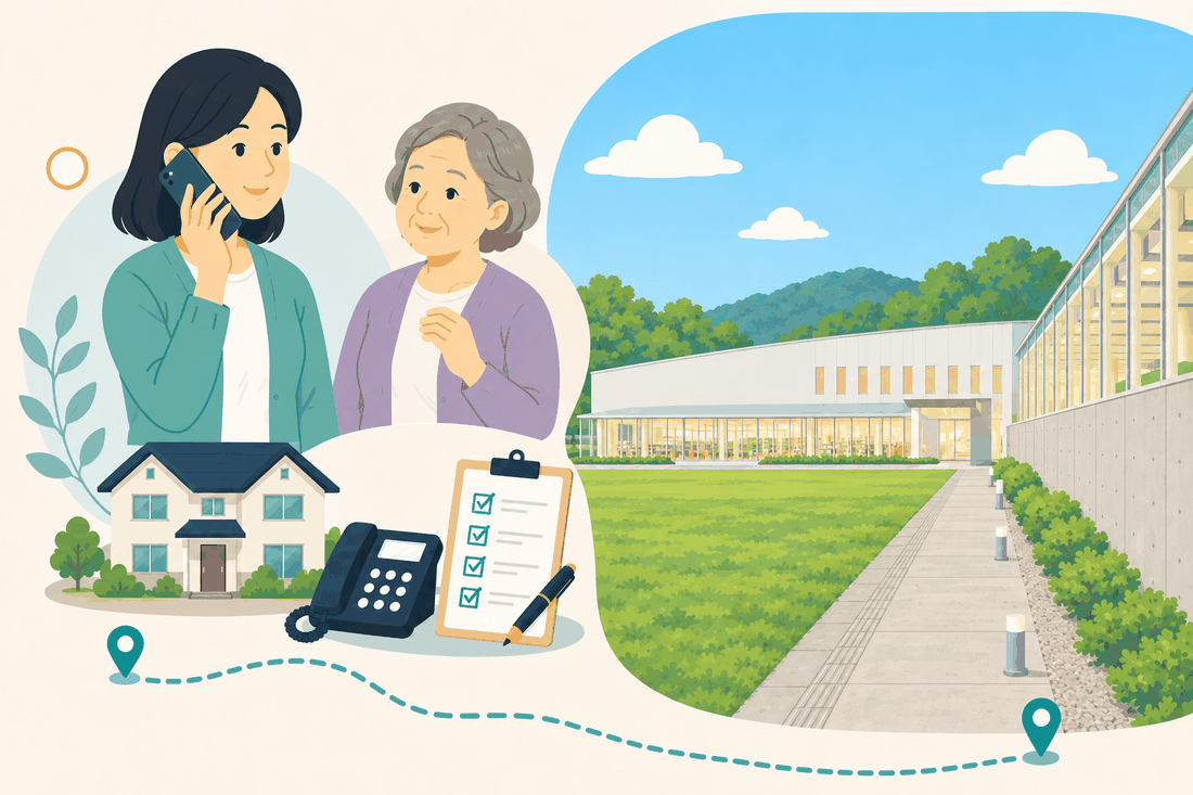 電話で相談する女性と親、住まい・固定電話・確認表と、芝生の広場の奥に建つ白い現代的な公共施設と、山並み、ガラス張りの建物の壁を描いた案内イラスト