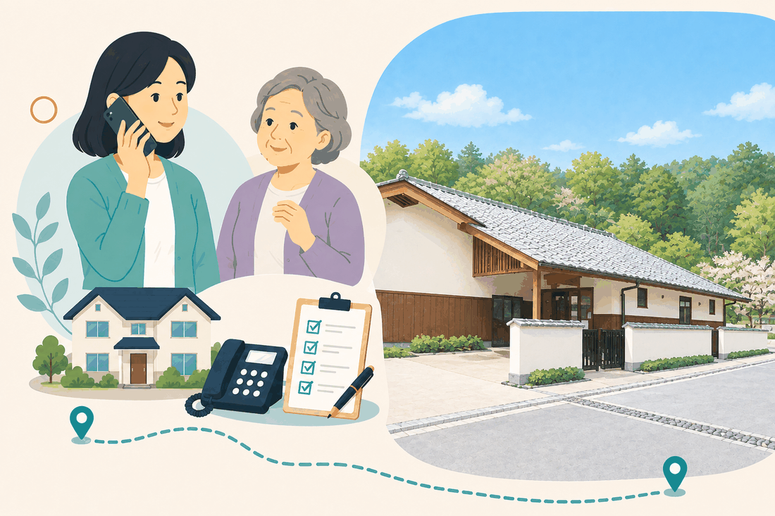 スマートフォンで電話する女性と、隣で手を組む年配の女性、家・固定電話・確認表を描いた案内イラスト。右側には白壁と瓦屋根の平屋の建物と、前を通る道が描かれている
