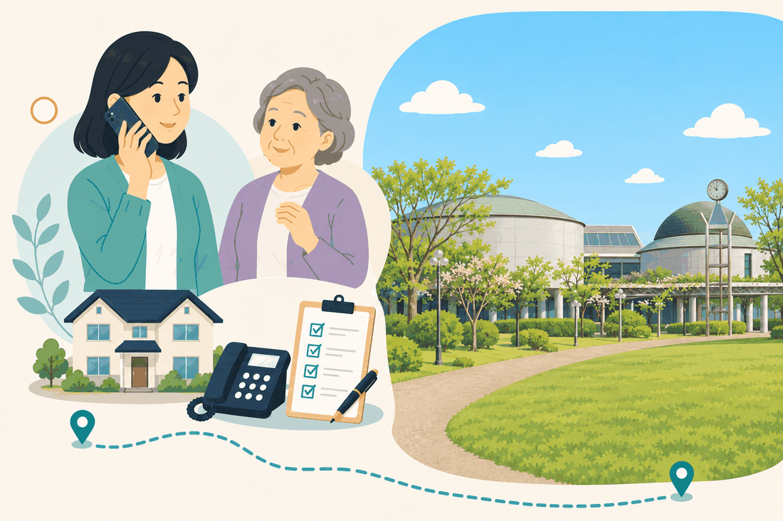 電話で相談する女性と親、住まい・固定電話・確認表と、芝生の広場と緑の木々の奥に、丸い屋根が並ぶ公共施設と時計塔を描いた案内イラスト