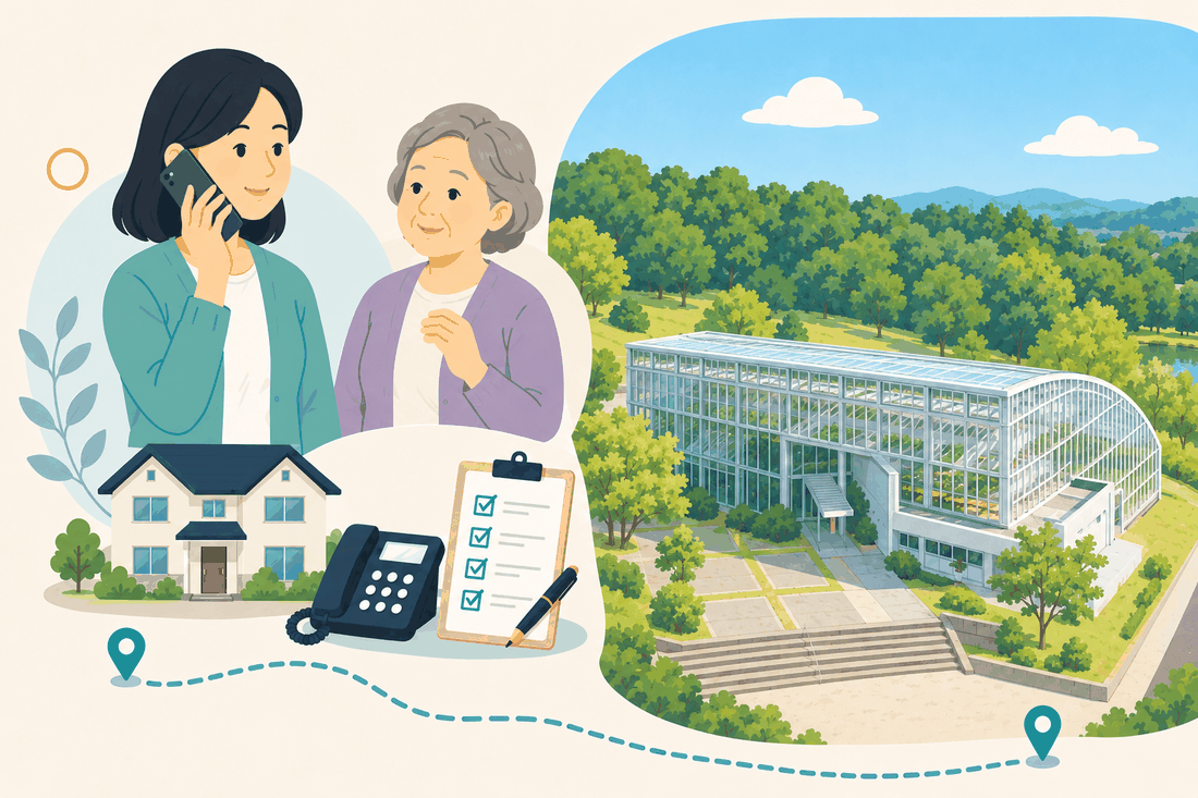 電話で相談する女性と親、住まい・固定電話・確認表と、木々に囲まれた丘に建つガラス張りの大きな温室のような建物と石段を描いた案内イラスト