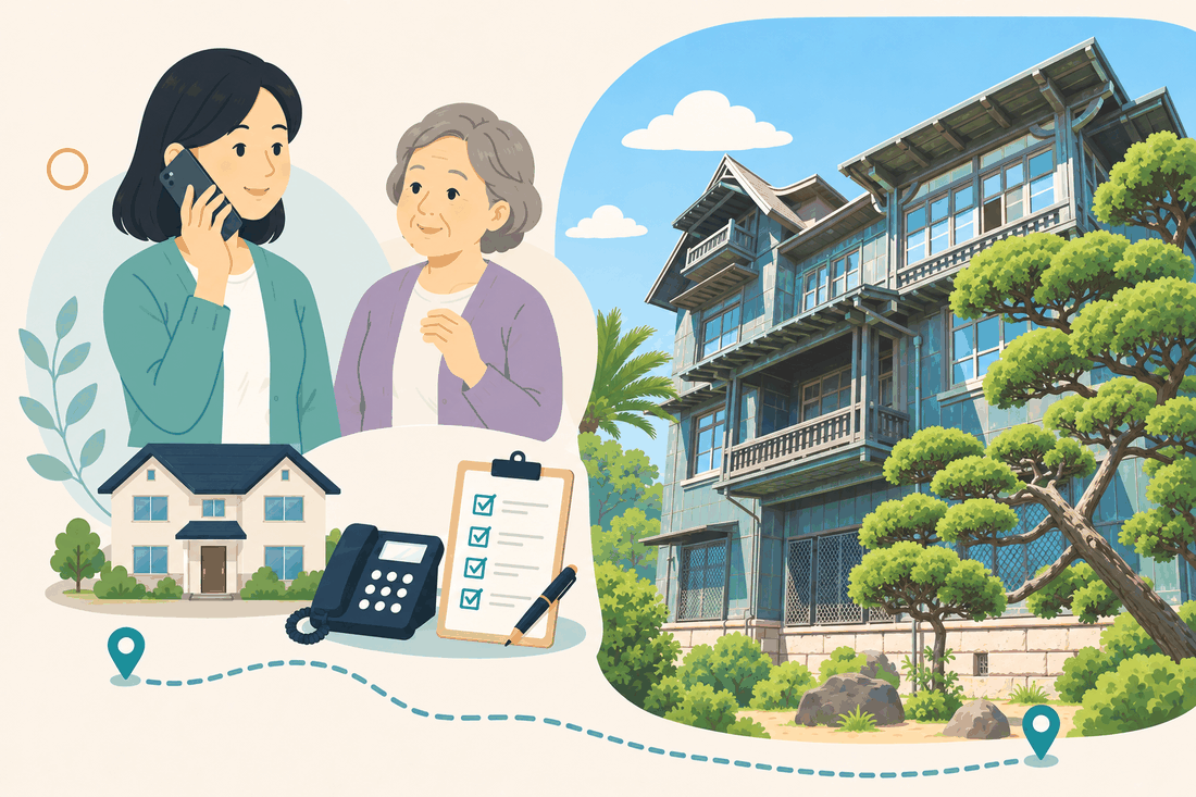 電話で相談する女性と親、住まい・固定電話・確認表と、松の木が茂る庭に建つ、バルコニーのある三階建ての古い洋風建築を描いた案内イラスト
