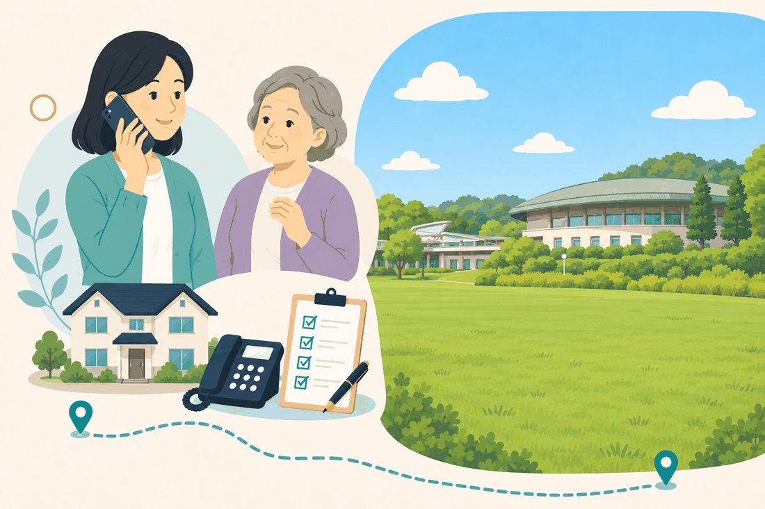 電話で相談する女性と親、住まい・固定電話・確認表と、広い芝生の向こうに、丸い屋根の公共施設と林が見える公園を描いた案内イラスト