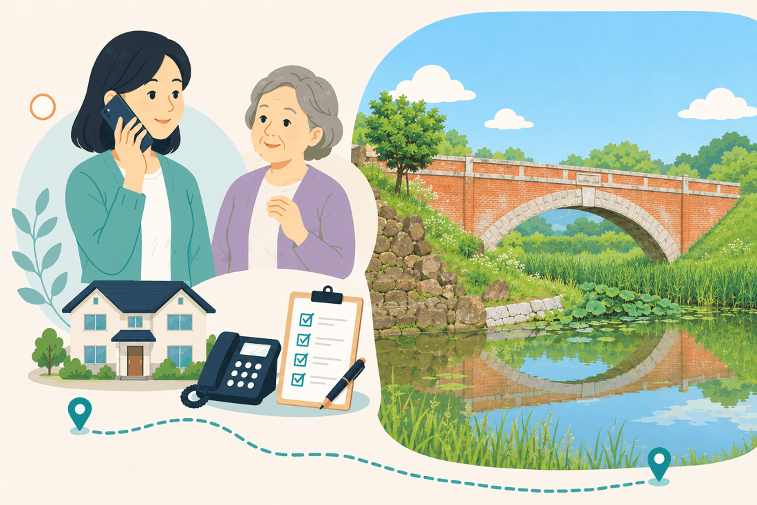 電話で相談する女性と親、住まい・固定電話・確認表と、池の水面に映る赤れんがの古い橋と、石積みの土手、水辺の草を描いた案内イラスト