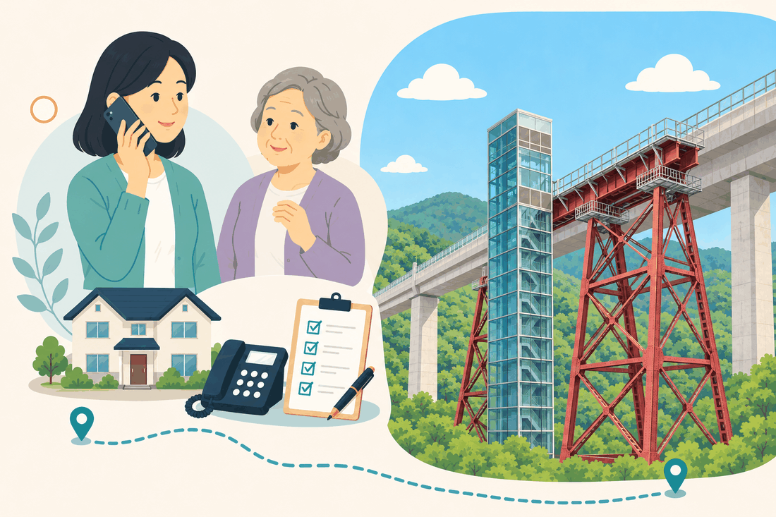 電話で相談する女性と親、住まい・固定電話・確認表と、緑の山あいにかかる高い鉄橋の赤い橋脚と、ガラス張りの展望エレベーター塔を描いた案内イラスト