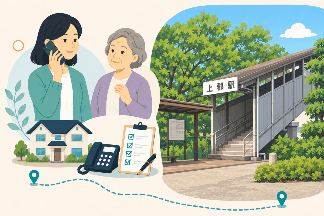 電話で相談する女性と親、住まい・固定電話・確認表と、「上郡駅」の駅名標が掲げられた跨線橋の階段と、駅前の大きな木々を描いた案内イラスト
