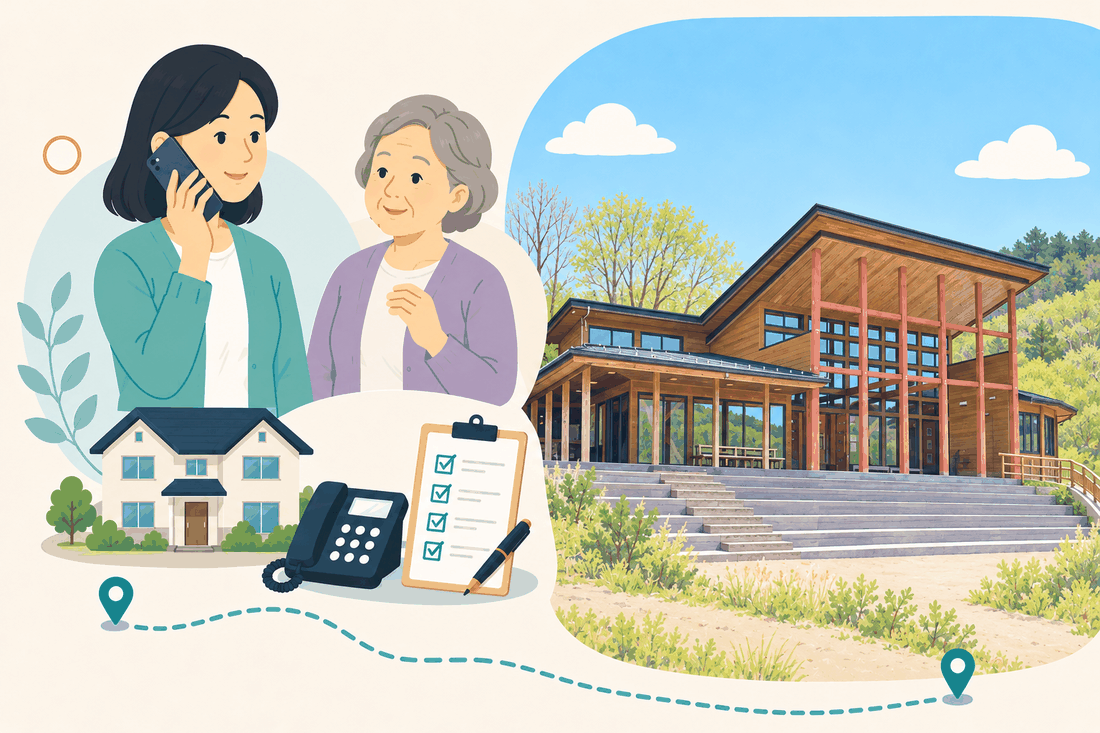 電話で相談する女性と親、住まい・固定電話・確認表と、赤い柱が立つ大きな木造の建物と、手前の広い石段、背景の木々を描いた案内イラスト