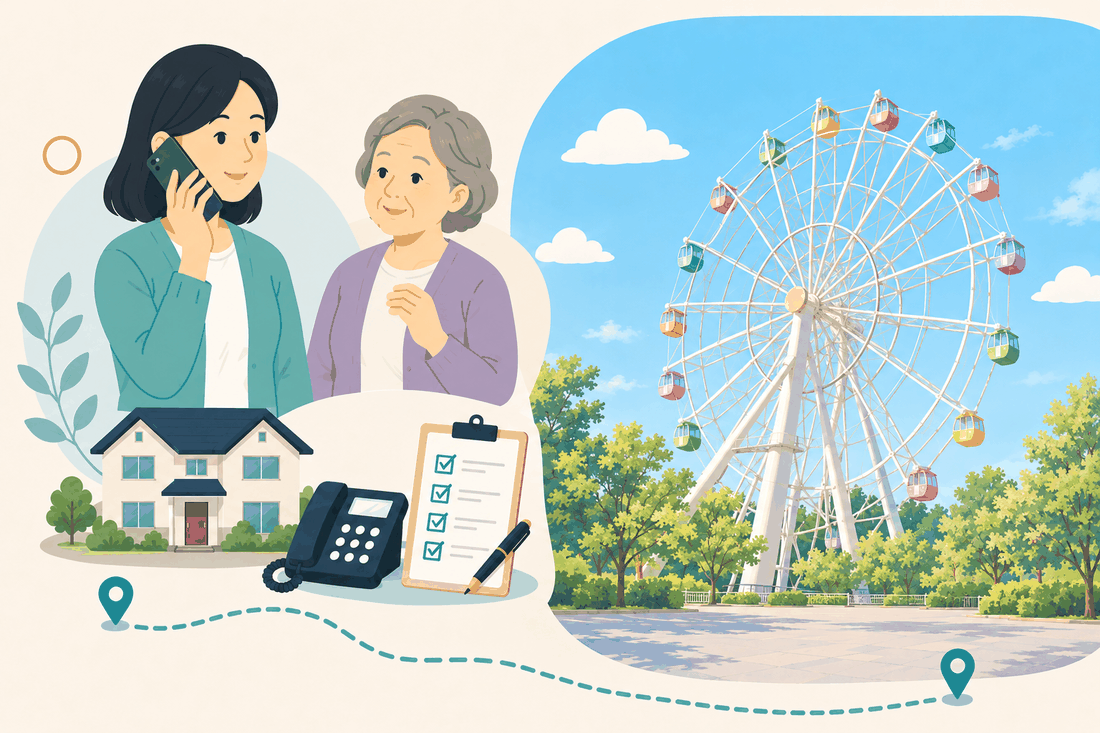電話で相談する女性と親、住まい・固定電話・確認表と、青空の下の大きな観覧車と、緑の木々、手前の広場を描いた案内イラスト