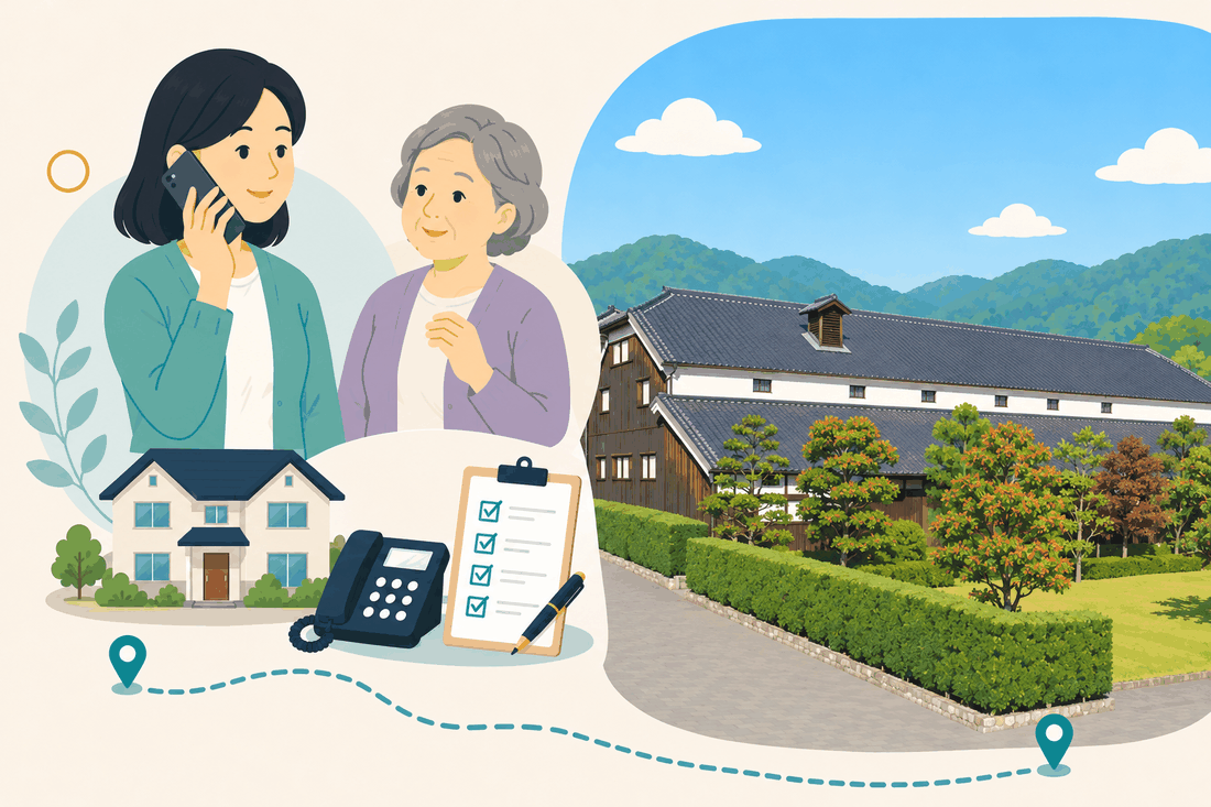 電話で相談する女性と親、住まい・固定電話・確認表と、山を背にした白壁と黒い瓦屋根の長い酒蔵と、刈り込んだ生け垣の庭を描いた案内イラスト