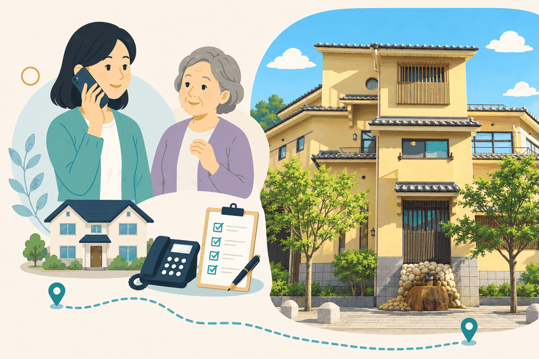 電話で相談する女性と親、住まい・固定電話・確認表と、黄土色の壁と瓦の庇をもつ三階建ての和風の建物と、手前の石組みの湧き水を描いた案内イラスト