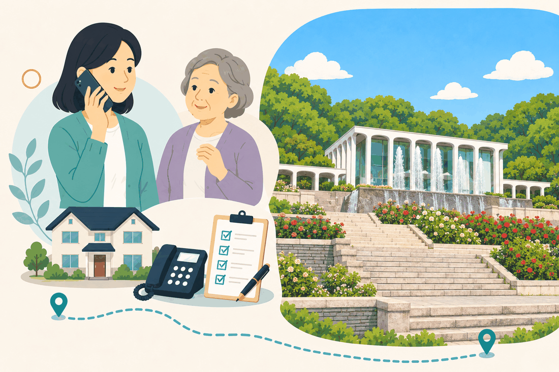 電話で相談する女性と親、住まい・固定電話・確認表と、段状の花壇にバラが咲く石の階段と、噴水のある白い柱の建物を描いた案内イラスト