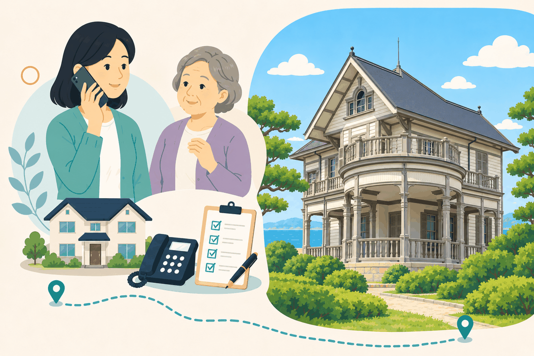 電話で相談する女性と親、住まい・固定電話・確認表と、海を背に建つ、丸いバルコニーのある洋風の古い木造の館と緑の庭を描いた案内イラスト