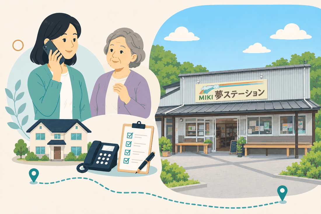 電話で相談する女性と親、住まい・固定電話・確認表と、「MIKI 夢ステーション」の看板がある、灰色の板張りの建物と木のベンチの入口を描いた案内イラスト