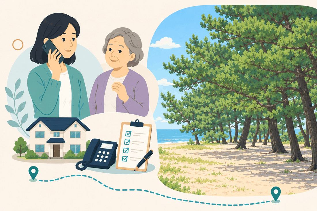 スマートフォンで電話をかける女性と、そばで耳を傾ける高齢の母親、手前に実家と固定電話と確認表を描き、右に海へ続く南あわじの松林と砂浜を添えた案内イラスト