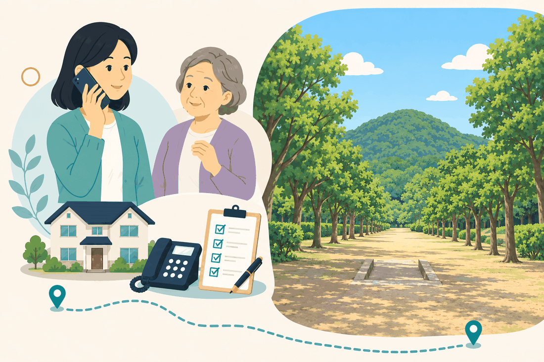 電話で相談する女性と親、住まい・固定電話・確認表と、並木の先に山が見える、砂利の広い道を描いた案内イラスト