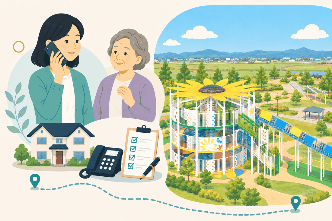 電話で相談する女性と親、住まい・固定電話・確認表と、ひまわりの形をした大きな遊具塔と長い滑り台、広い公園と遠くの山並みを描いた案内イラスト