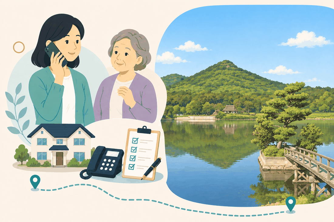 スマートフォンで電話する女性と、隣で手を組む年配の女性、家・固定電話・確認表を描いた案内イラスト。右側には山を映す静かな池と、松の生えた島、木の橋が描かれている