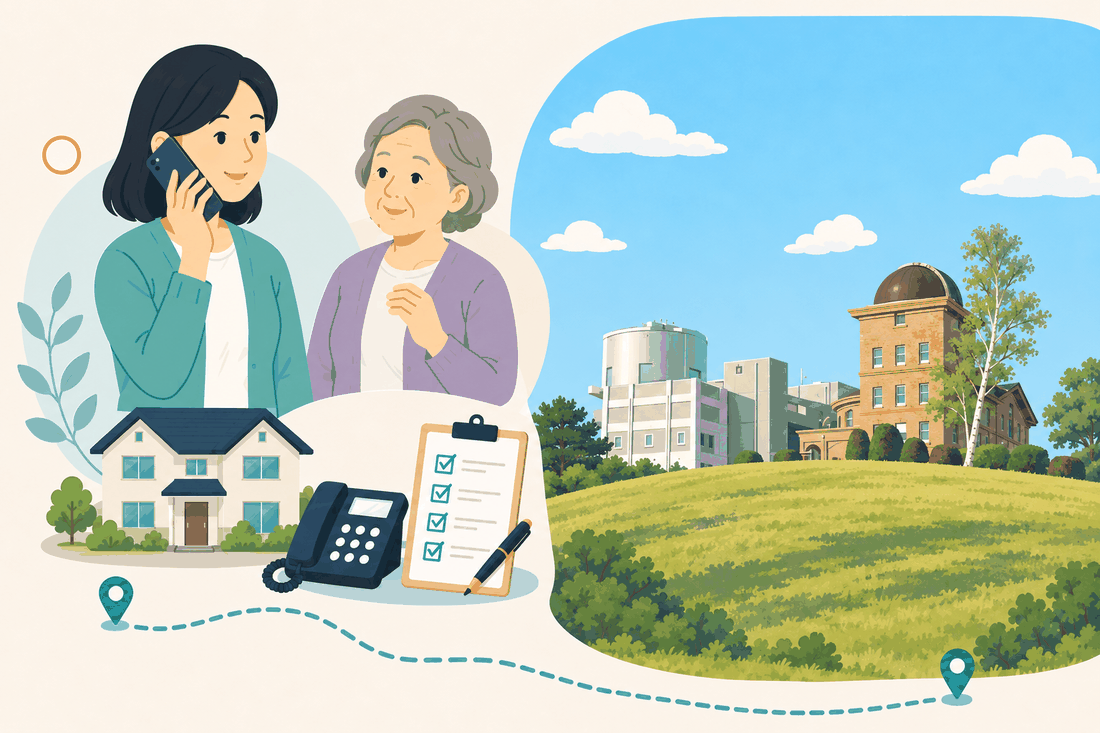 電話で相談する女性と親、住まい・固定電話・確認表と、草の丘の上に建つ、れんが造りの古い天文台の建物と、白い大きな観測施設を描いた案内イラスト