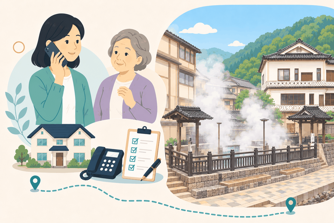 スマートフォンで電話をかける女性と、そばで耳を傾ける高齢の母親、手前に実家と固定電話と確認表を描き、右に湯けむりの上がる温泉街を添えた案内イラスト