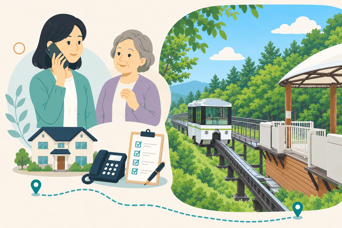 電話で相談する女性と親、住まい・固定電話・確認表と、緑の森の斜面を走る小型の電車と、白い屋根の展望台を描いた案内イラスト