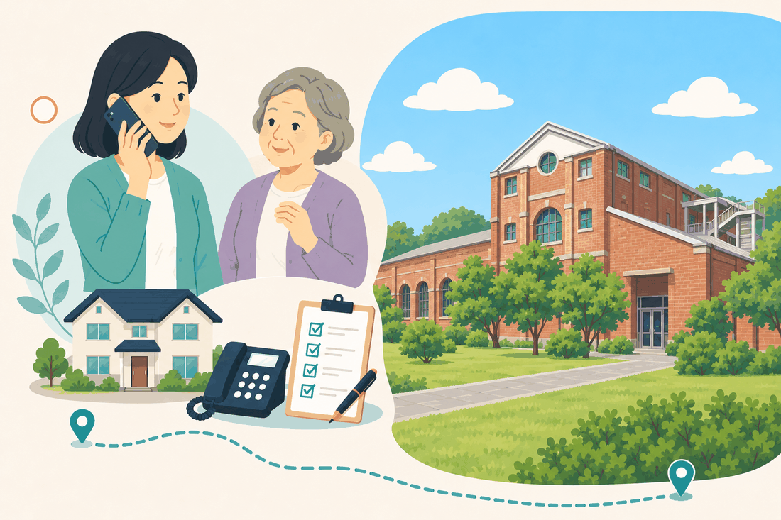 スマートフォンで電話をかける女性と、そばで耳を傾ける高齢の母親、手前に実家と固定電話と確認表を描き、右に緑の芝生と赤れんが造りの洲本の建物を添えた案内イラスト